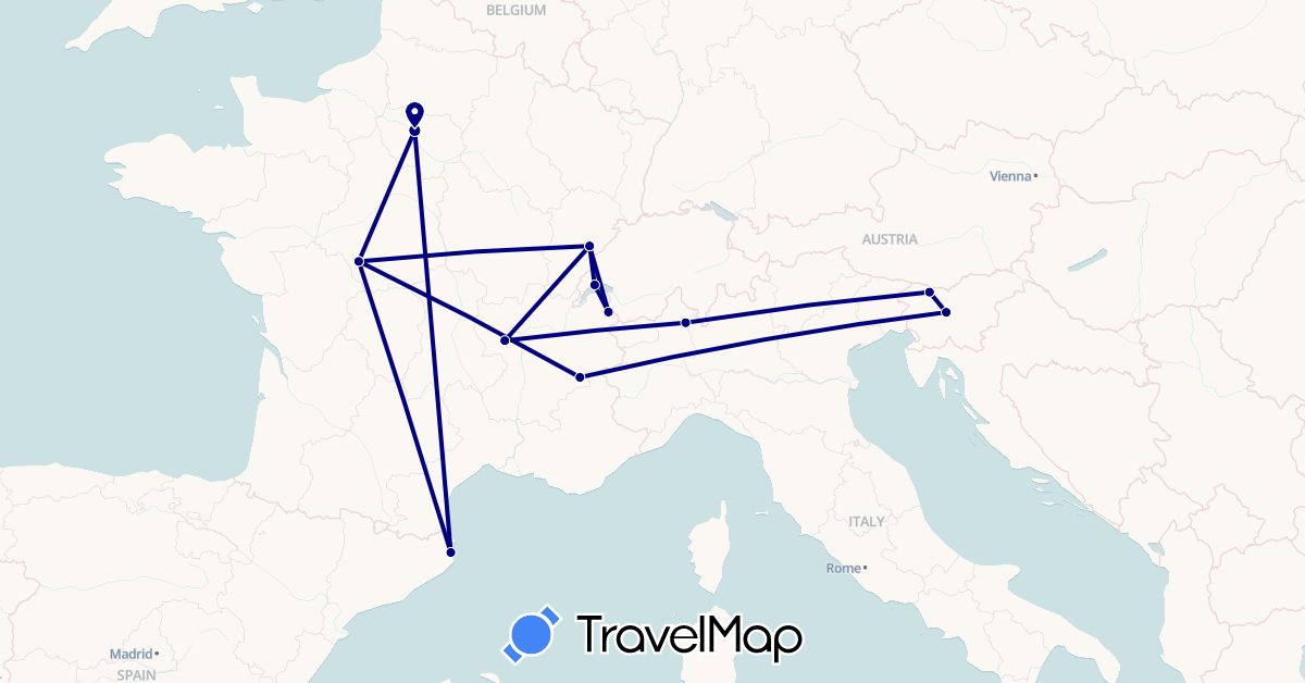 TravelMap itinerary: driving in Switzerland, Spain, France, Italy, Slovenia (Europe)